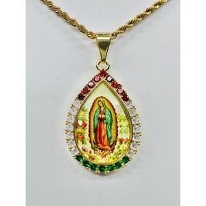 Our Lady of Guadalupe Necklace 24K Gold Filled Pendant Mexican Colors Chain